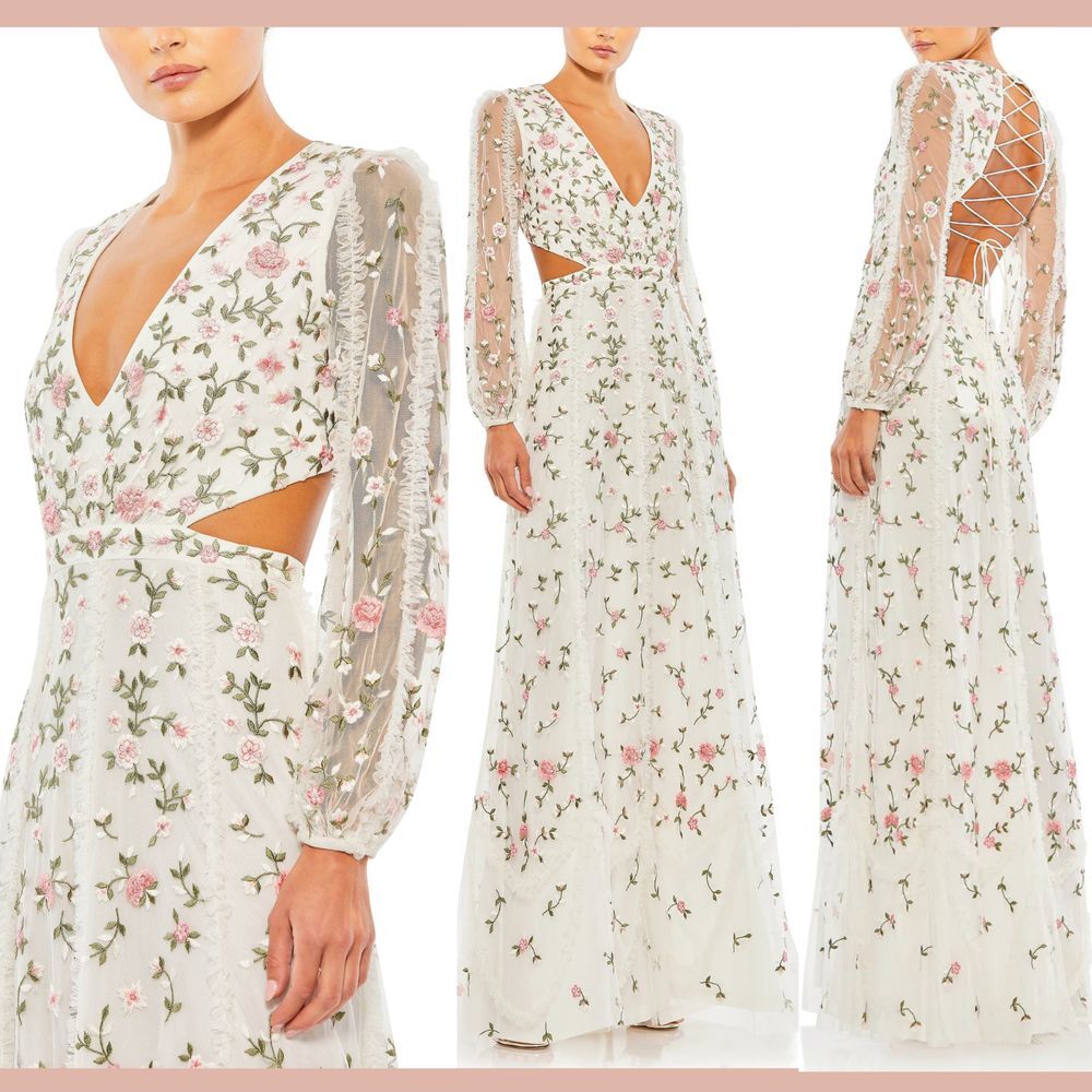 NEW MAC DUGGAL [ 16 ] 35107‎ Long Sleeve Embellished Cut Out A Line Gown White